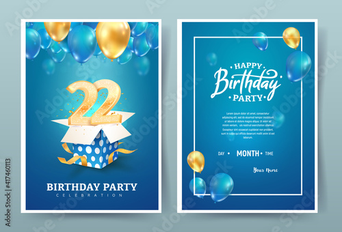 22nd years birthday vector invitation double card. Twenty two years anniversary celebration brochure. Template of invitational for print on blue background