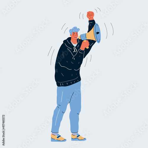 Cartoon illustration of man standing with loudspeacker in his hand. Outraged indignant rebellious character on white.