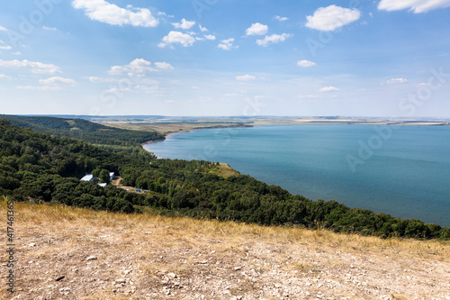 Hills and shore of the Aslikul lake with children summer camp. The Republic of Bashkortostan  Russia