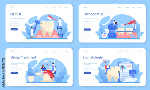 Dentist web banner or landing page set. Dental doctor in uniform treating