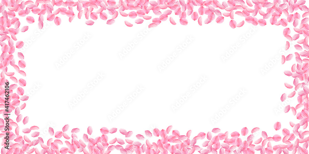 Sakura petals falling down. Romantic pink bright medium flowers. Thick flying cherry petals. Wide sc