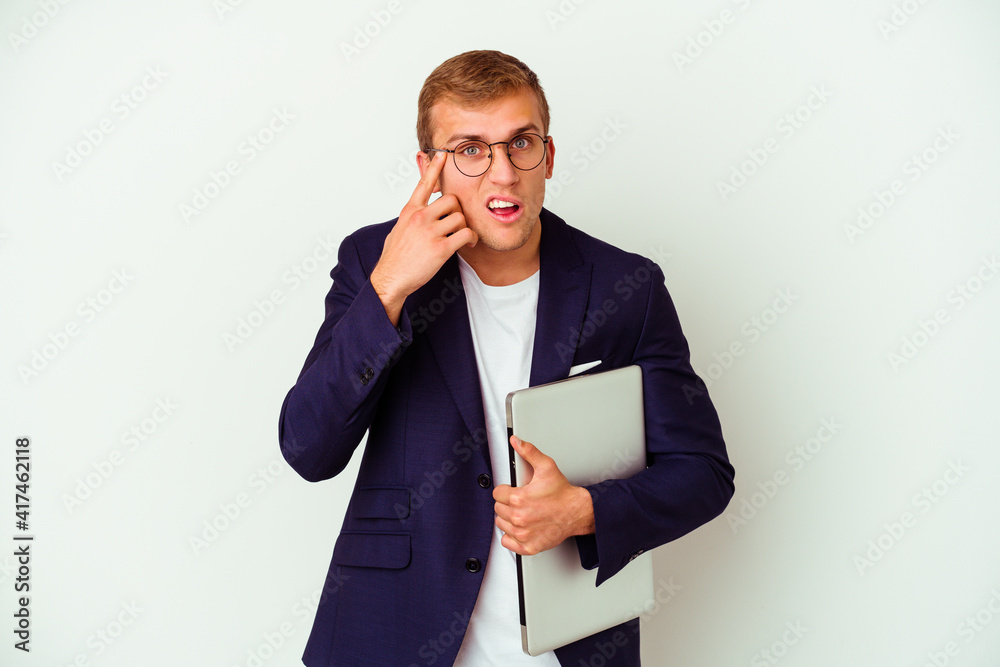 Young business caucasian man holding a laptop isolated on white background Young business caucasian man holding a laptop isolated on white background