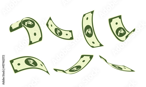 Indian rupee falling set, animation ready. INR paper notes flying in the air. India money in seven d