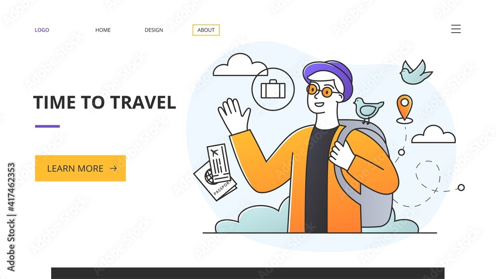 Time to Travel concept with young male backpacker in front of assorted travel and map location icons in a website template, colored vector illustration. Website, web page, landing page template