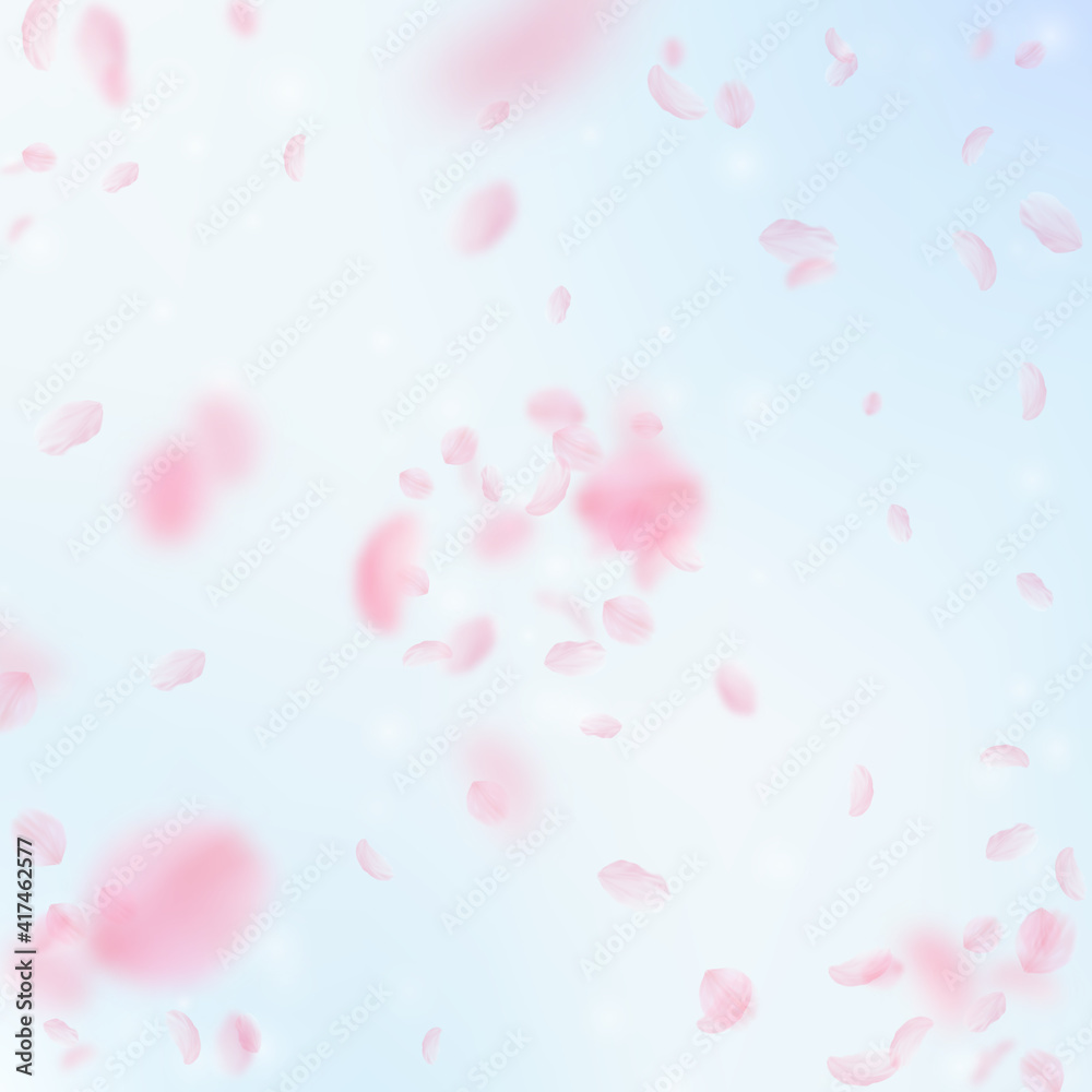 Sakura petals falling down. Romantic pink flowers explosion. Flying petals on blue sky square backgr