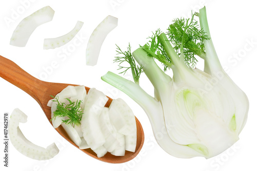 fresh fennel bulb slices in wooden spoon isolated on white background. Top view. Flat lay