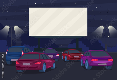 Cartoon Color Drive in Cinema on a Landscape Scene Concept. Vector
