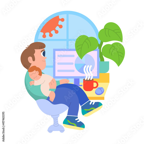 Vector illustration, work from home online, creative space, self-isolation, freelancer working on a computer vector