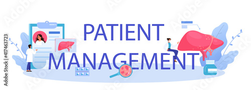 Patient management typographic header. Doctor make liver examination