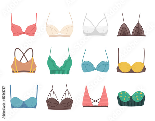 Cartoon Color Bra Bustier Different Types Icon Set. Vector