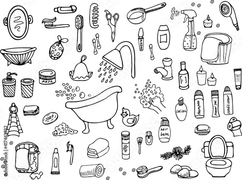 A set of items for the bathroom and bath. Vector doodles drawn by hand. Isolated black and white illustrations. Shower, bath, spa, personal, body and hair care, hygiene products, cosmetics, towels