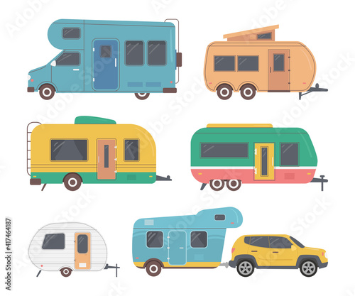 Cartoon Color Camping Trucks Icons Set. Vector