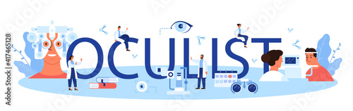 Oculist typographic header. Idea of eye exam and treatment. Eyesight diagnosis