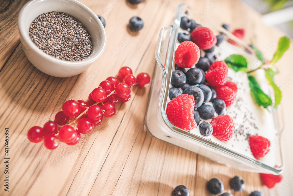 Portion of yogurt with berries serving in glass bowl. Portion of yogurt with berries serving in glass bowl.