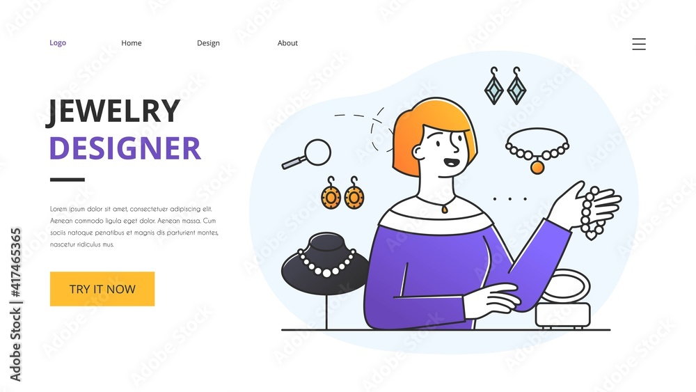 Website design for a landing page for a jewellery designer holding up a bracelet in a store with displays of gemstones, earrings and necklaces, colored vector illustration Website design for a landing page for a jewellery designer holding up a bracelet in a store with displays of gemstones, earrings and necklaces, colored vector illustration