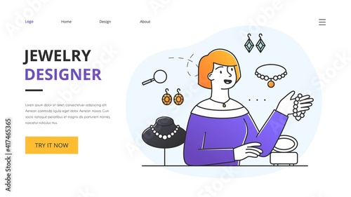 Website design for a landing page for a jewellery designer holding up a bracelet in a store with displays of gemstones, earrings and necklaces, colored vector illustration