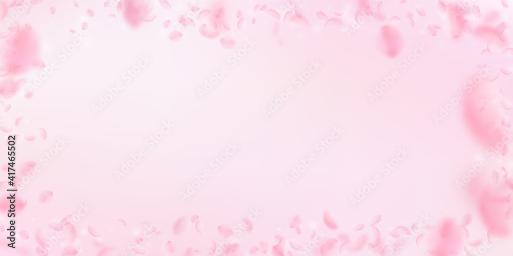 Sakura petals falling down. Romantic pink flowers frame. Flying petals on pink wide background. Love