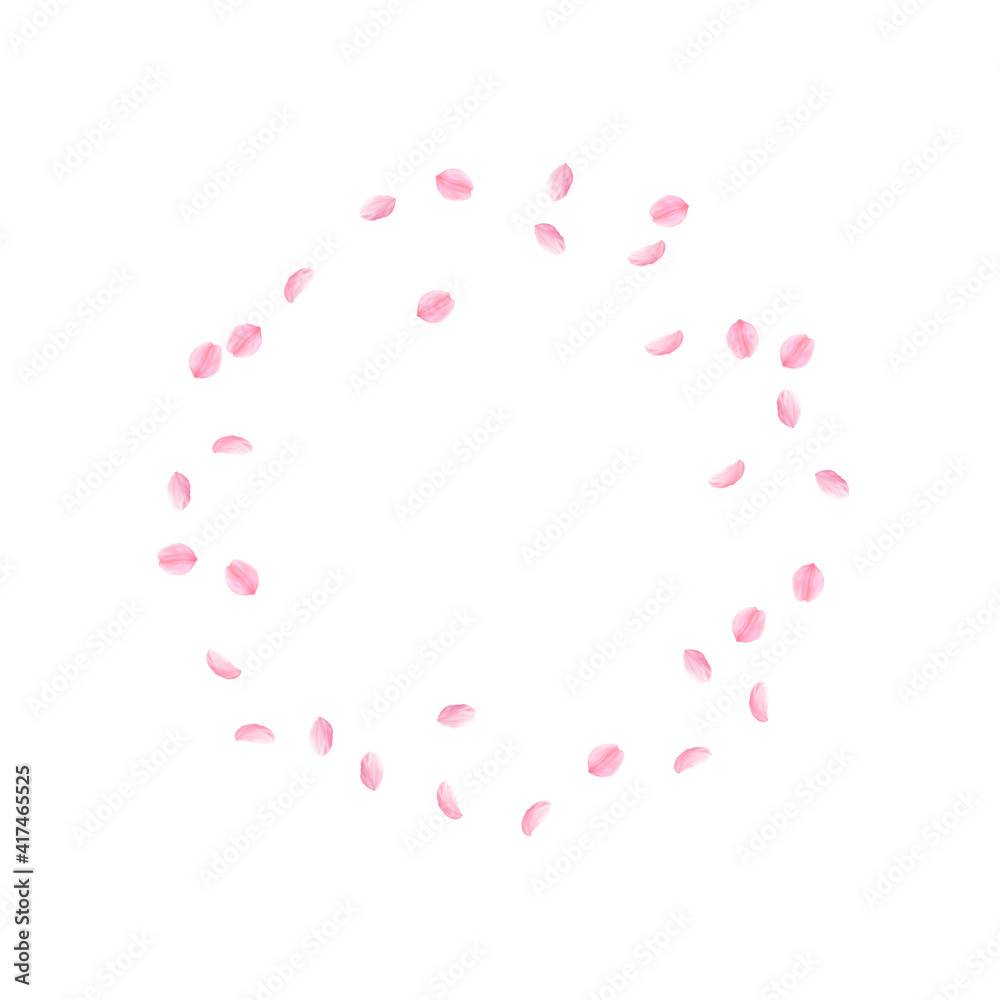 Sakura petals falling down. Romantic pink silky small flowers. Sparse flying cherry petals. Round fr Sakura petals falling down. Romantic pink silky small flowers. Sparse flying cherry petals. Round fr