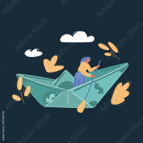 Vector illustration of Business woman sailing in the sea with money boat on dark background.
