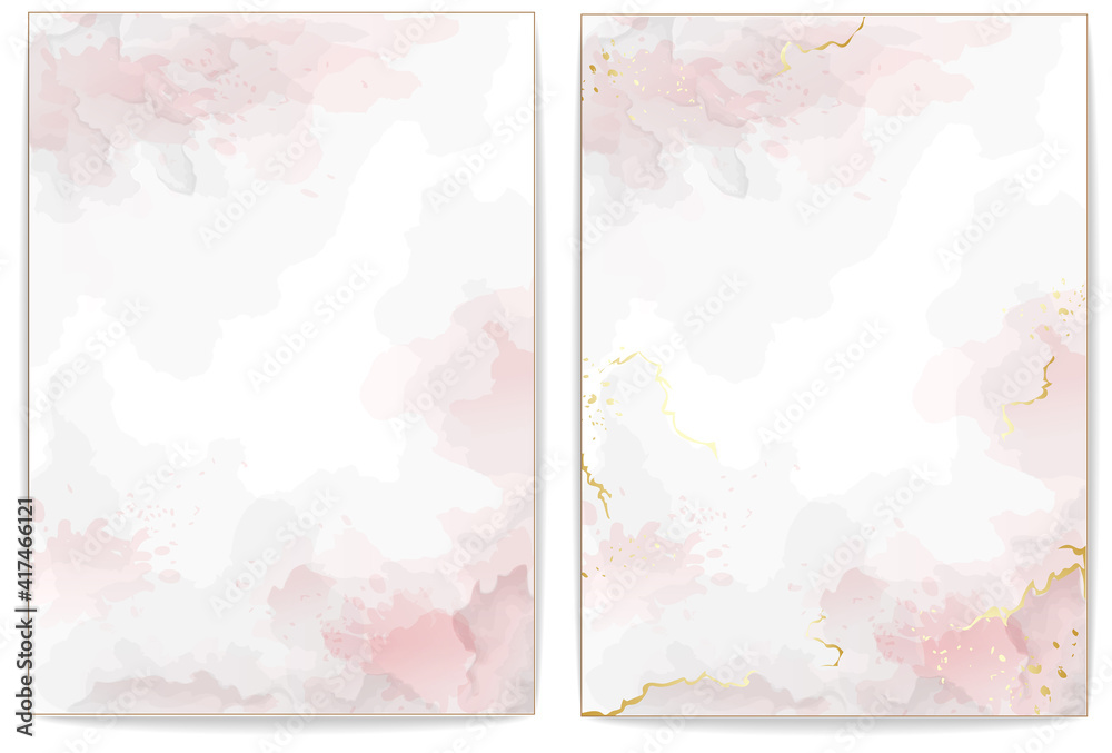 Pink vector watercolor style texture for your design, covers and wedding invitations. Golden marble and splash style. Editable transparent templates made with layers.