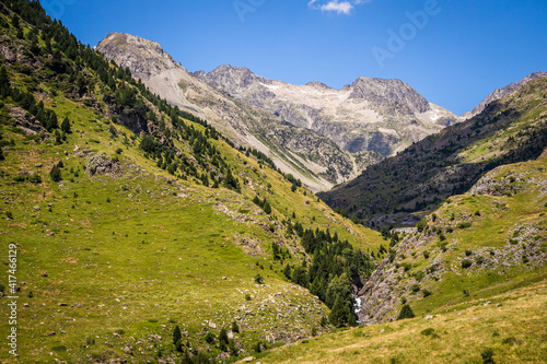 Beautiful valley with green meadows, a river and trees, surrounded by high mountains