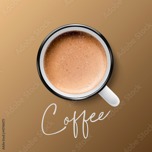 Vector 3d Realistic Ceramic White Metal Enamel Retro Coffee Mug, Cup Closeup on Brown Background. Milk Foam Coffee, Latte, Capuccino. Design Template. Top View