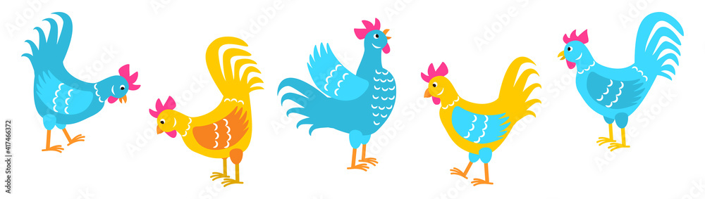 Colored roosters isolated on white - set of chicken characters - funny cartoon hens - elements for childrens and Easter holiday design