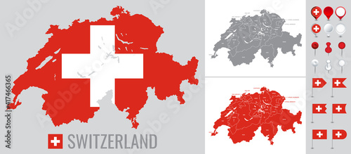 Switzerland vector map with flag, globe and icons on white background