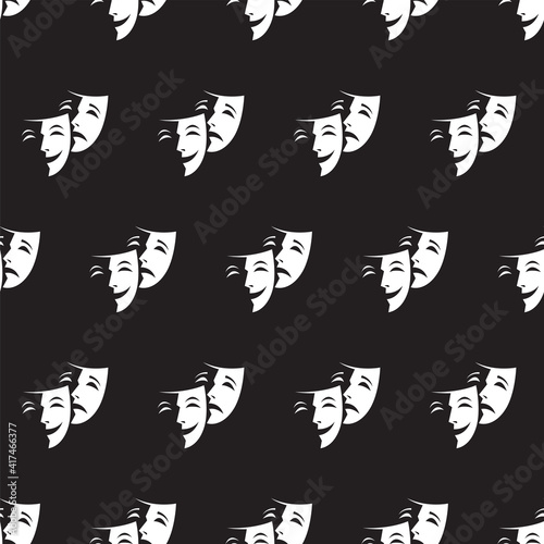 seamless pattern with comedy and tragedy theatrical masks on black background