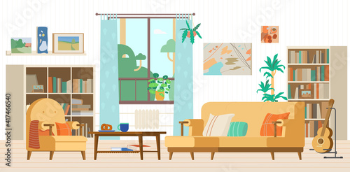 Cozy Living Room Interior Flat Vector Illustration. Couch, Bookcases, Armchair, Window, Guitar On A Stand, Coffee Table, Abstract Paintings, Decoration Elements.