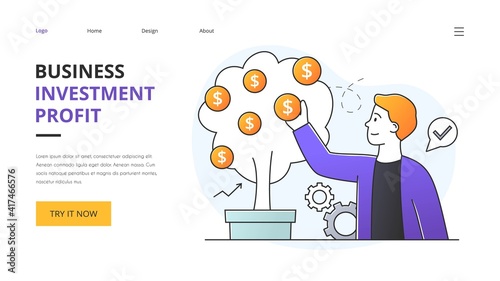 Business success and profit abstract concept with businessman plucking gold coins off a money tree in a website template, colored vector illustration. Website, web page, landing page layout