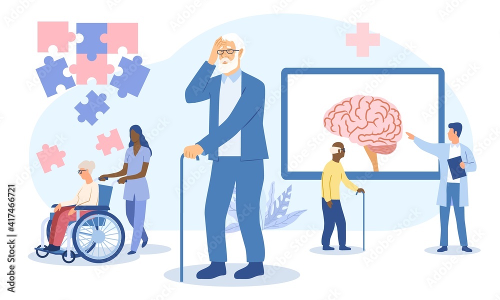 Concept of Alzheimers disease in the elderly with carers, a man suffering from dementia and a medical practitioner giving a lecture on the brain, flat cartoon colored vector illustration