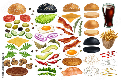 Burger menu. Hand drawn hamburger or sandwich - isolated fast food ingredients. Set of watercolor art style illustrations - bun, cucumbers, eggs, salad, tomatoes and cheese, sause and fries