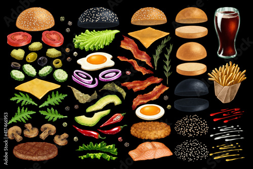 Burger menu. Hand drawn hamburger or sandwich - isolated fast food ingredients. Set of watercolor art style illustrations - bun, cucumbers, eggs, salad, tomatoes and cheese, sause and fries