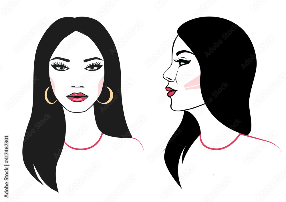 Beautiful woman front and side views. Portrait of a elegant lady with black hair. Vector illustration.