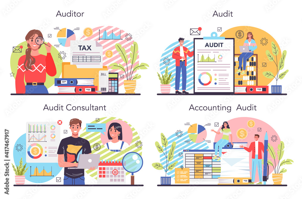 Auditor concept set. Business operation specialist. Professional financial