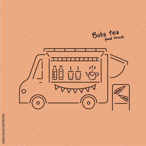 Food track linear illustration. Boba tea food track vector linear illustration