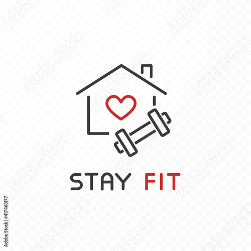 Workout at home icon isolated on transparent background. Vector house with sport exercise symbol. Stay fit safe, quarantine sign