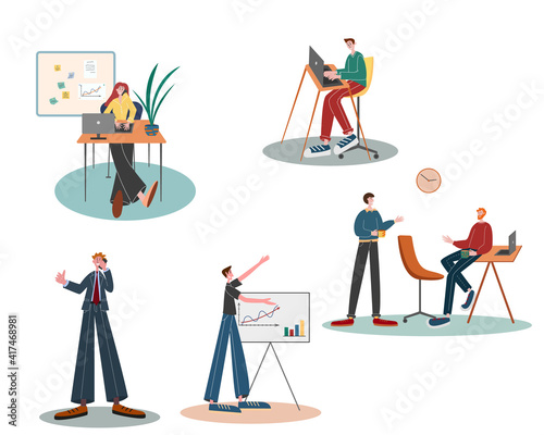Set of office workers characters isolated on white background. Office manager, it-specialist, boss, businessman, head of project. Coworking, office, team work. Vector illustration.