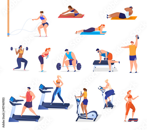 Men and women play sports in the gym. Gymnastics, exercise machines, weightlifting. Keeping the body in good physical shape. Colorful vector illustration in flat cartoon style.