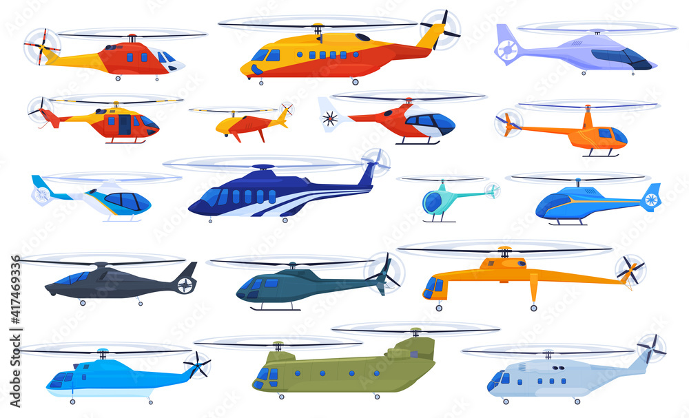 Set of helicopters on a white background. Rescue, civilian, cargo, military helicopters. Vector illustration in cartoon style