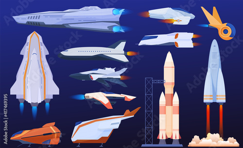 Spaceships, rockets, interstellar ships. Set of different spaceships in a fantastic style. Vector illustration in cartoon style