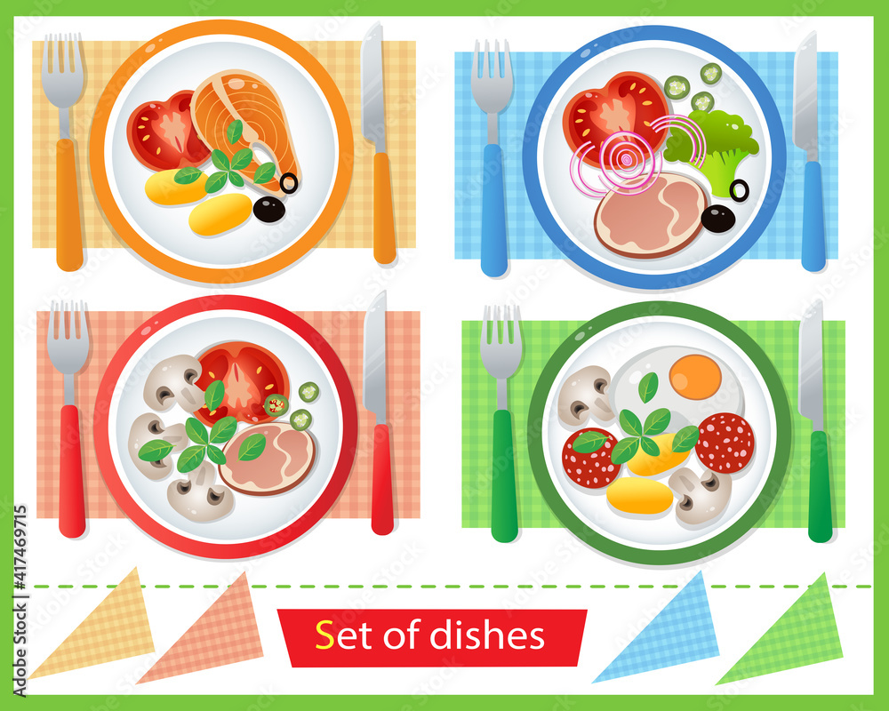 Color image of portion lunch or dinner on white background. Food and meals. Dishes and crockery. Vector illustration set  kids.