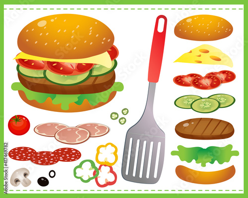 Hamburger or cheeseburger with tomatoes, cutlet, beef, salad and cheese on a white background. Food and ingredients. Vector illustration set for kids.
