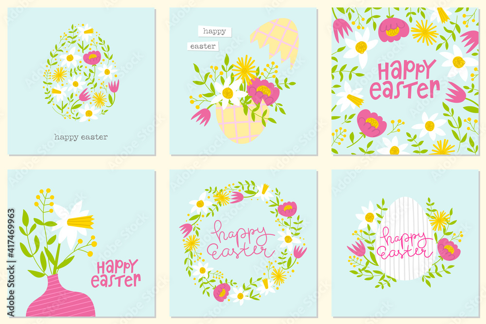 Easter floral greeting card set. Light cute compositions with leaves, tulips, peony, daisies and daffodils. Modern elegant spring concept with lettering for poster or card.