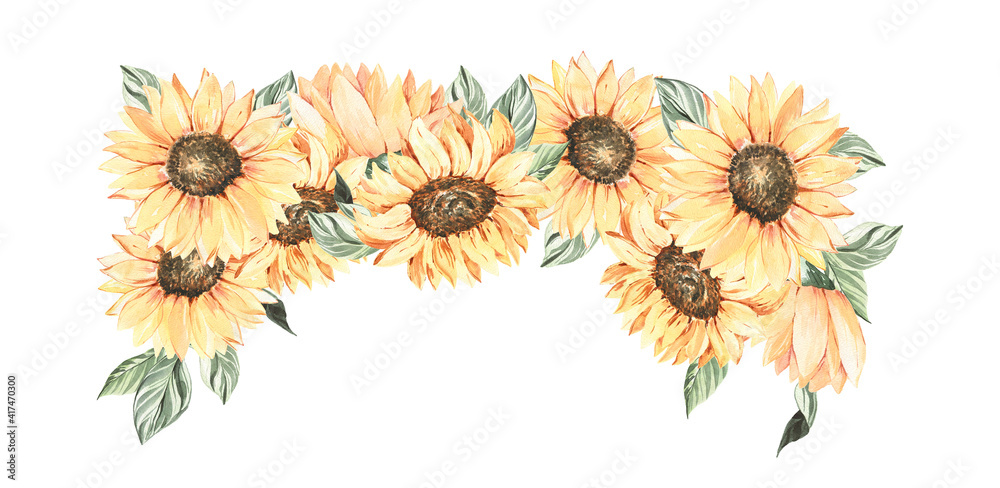 Watercolor sunflower clipart, Boho sunflower for wedding invitation or Thanksgiving. Summer garden flowers botanical illustration.