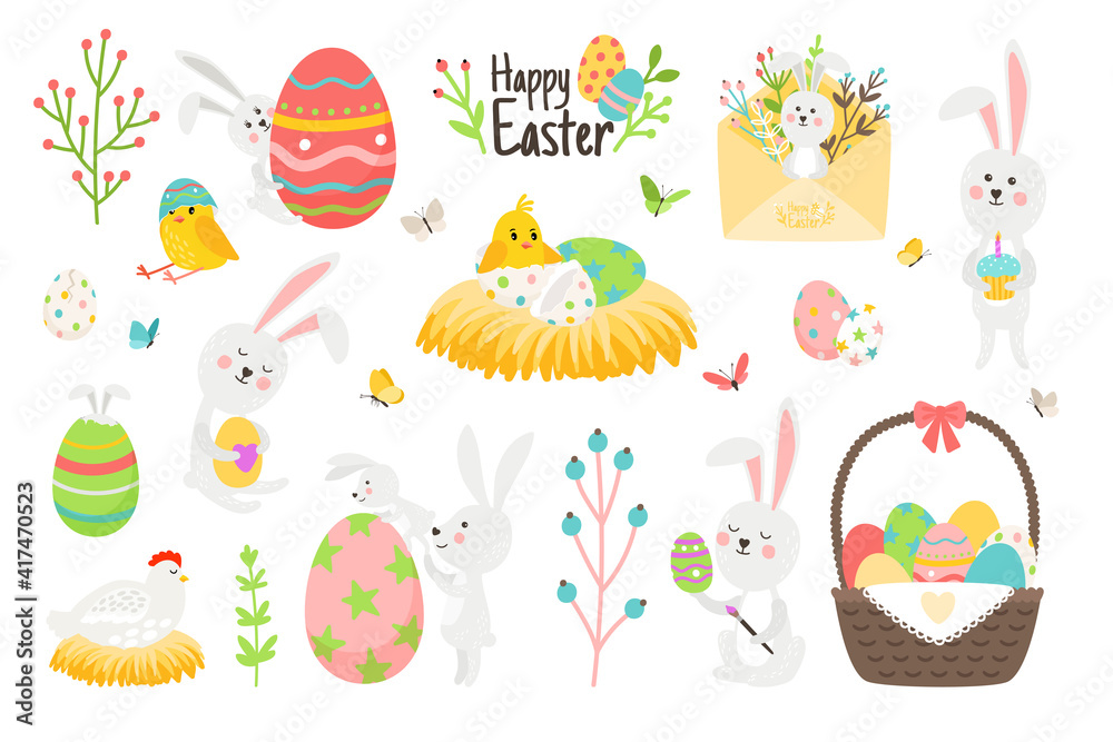 Elements of happy easter set. Cartoon cute rabbits and funny chickens, holiday postcard and blossom branches, vector illustration of decorative bunnies and colorful eggs