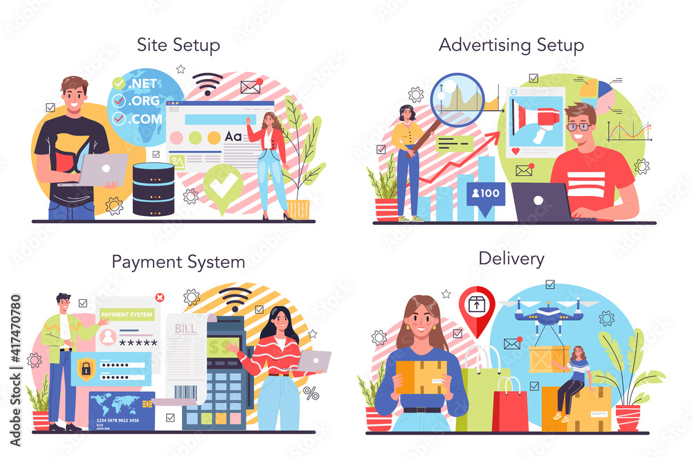 Online business concept set. People forming a business on the internet.