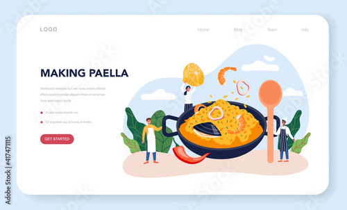 Paella web banner or landing page. Spanish traditional dish with seafood