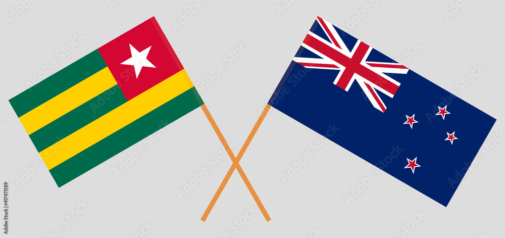 Crossed flags of Togo and New Zealand. Official colors. Correct proportion